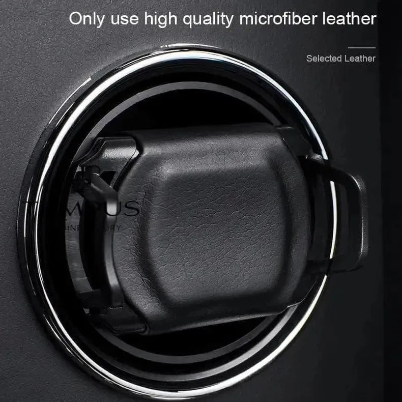 Close-up of the Tempus 9 Watch Winder for Automatic Watches with BioMetric Technology, featuring a black, high-quality microfiber leather finish. Text reads: Only use premium microfiber leather. Selected by Tempus Luxury Watch Winders.