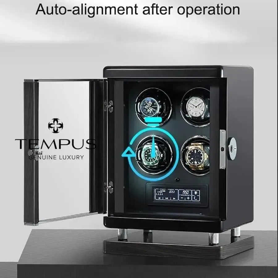 The Tempus Luxury Watch Winders 9 Watch Winder for Automatic Watches with BioMetric Technology features a premium black finish, glass door displaying nine watches, digital control panel, and “Auto-alignment after operation” text above.