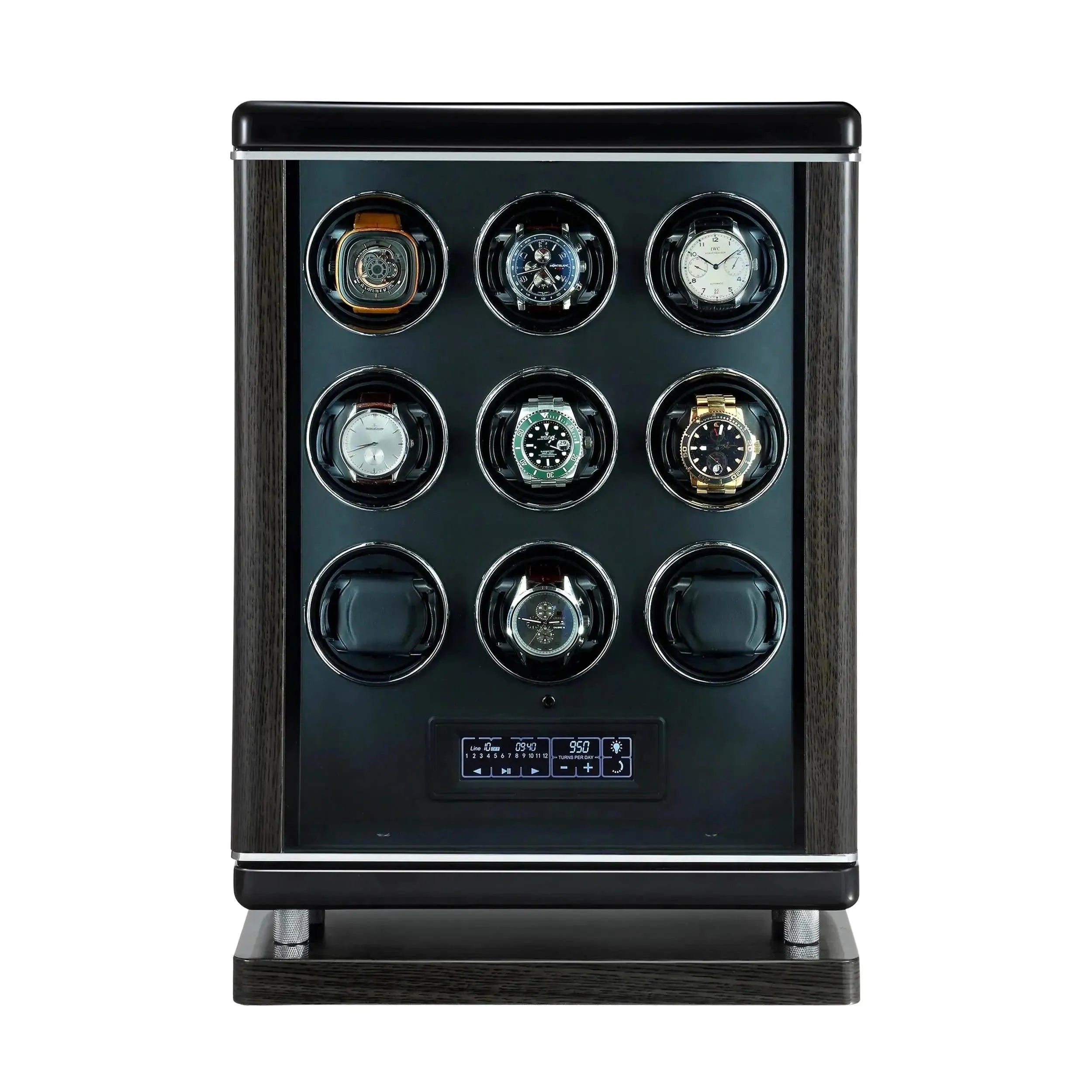 The 9 Watch Winder for Automatic Watches with BioMetric Technology by Tempus Luxury Watch Winders features a glossy black and silver case, rounded corners, a digital control panel, and displays nine watches in a 3x3 grid.