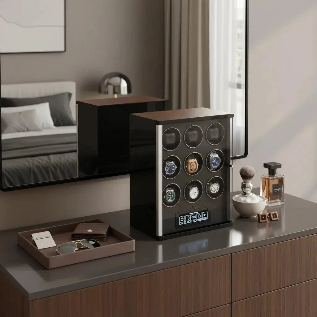 A modern dresser with a mirrored wall showcases the Tempus Luxury Watch Winders 9 Watch Winder for Automatic Watches with Touch Screen Technology, plus a tray with a wallet, wristwatch, brush, and perfume bottles.