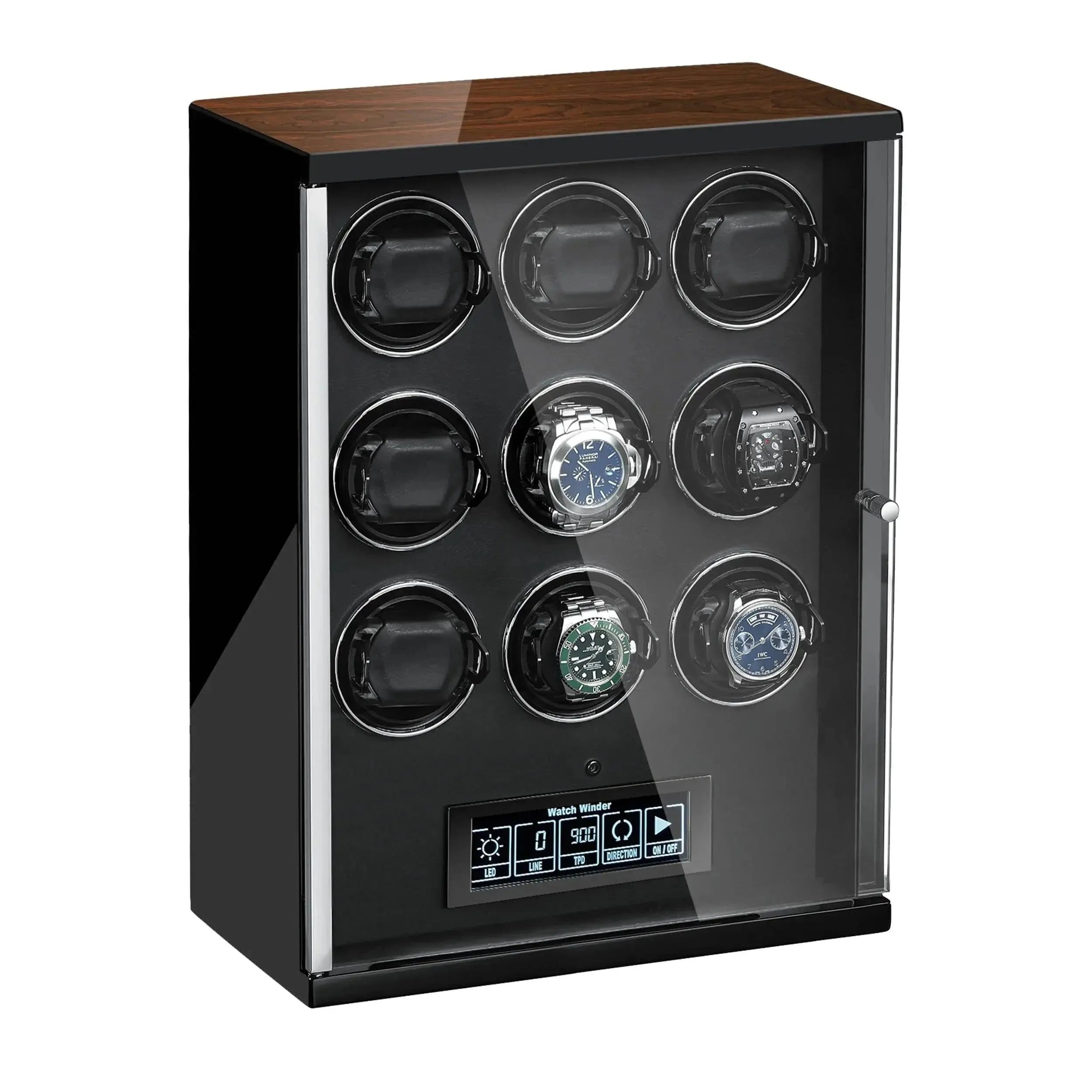 The Tempus Luxury Watch Winders 9 Watch Winder for Automatic Watches features a wooden top, glass front, nine compartments (five holding watches), and a digital touch screen panel with buttons and LCD for easy operation.