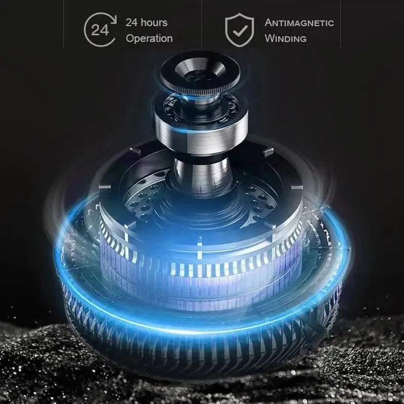 A Tempus Luxury Watch Winders 9 Watch Winder for Automatic Watches features touch screen controls, blue accent lighting, and icons for “24 hours operation” and “Antimagnetic winding,” all set against a dark textured background.