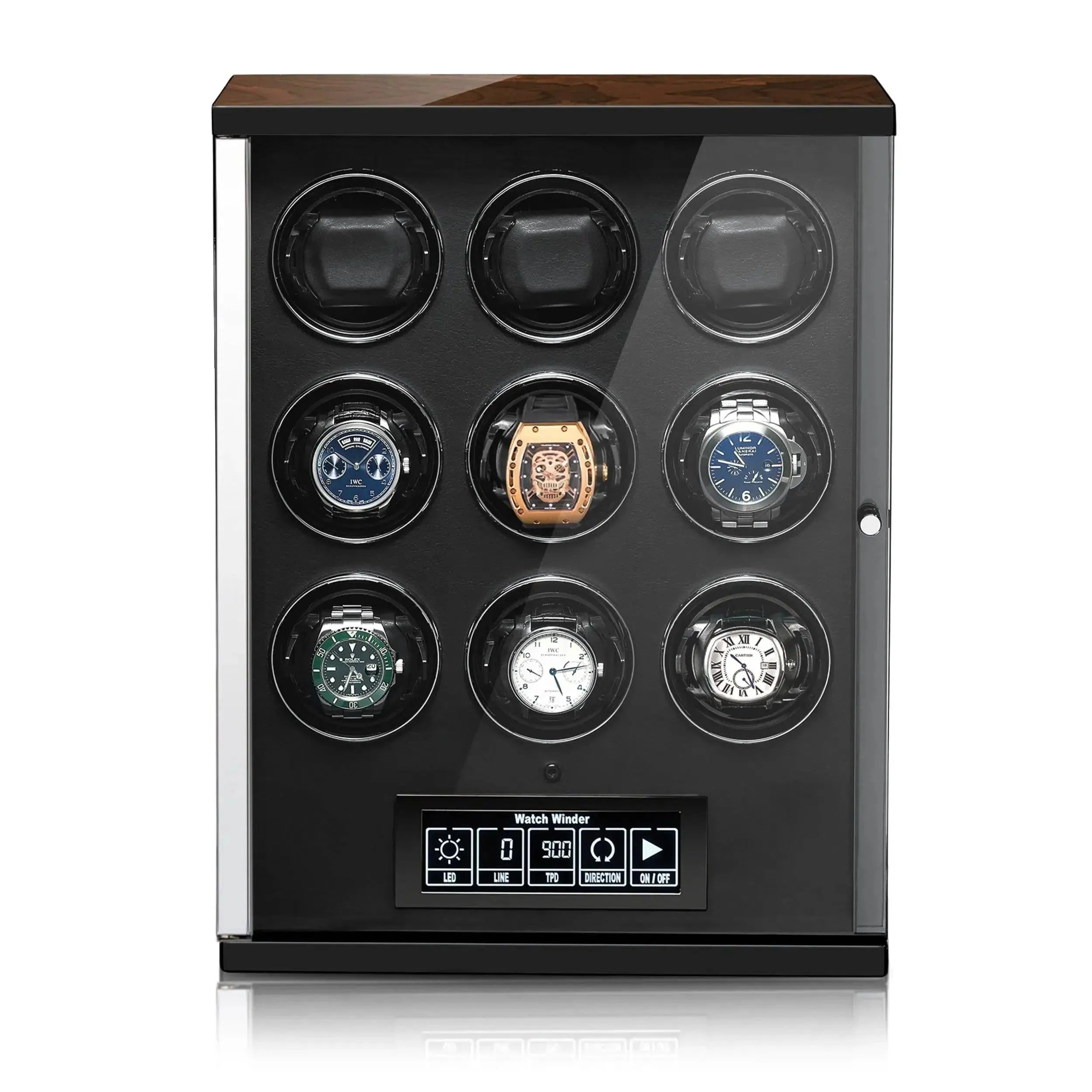 The Tempus Luxury 9 Watch Winder for Automatic Watches features touch screen technology, a black finish with wood accents, holds nine watches in circular slots, and offers a digital control panel at the front.