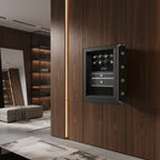 A modern walk-in closet with wood-paneled walls features the Tempus Luxury Watch Winders' Insurance Rated Watch Winder Safe for 8 Watches with extra storage, shelves for handbags, a full-length mirror, and a cushioned bench on a patterned rug.