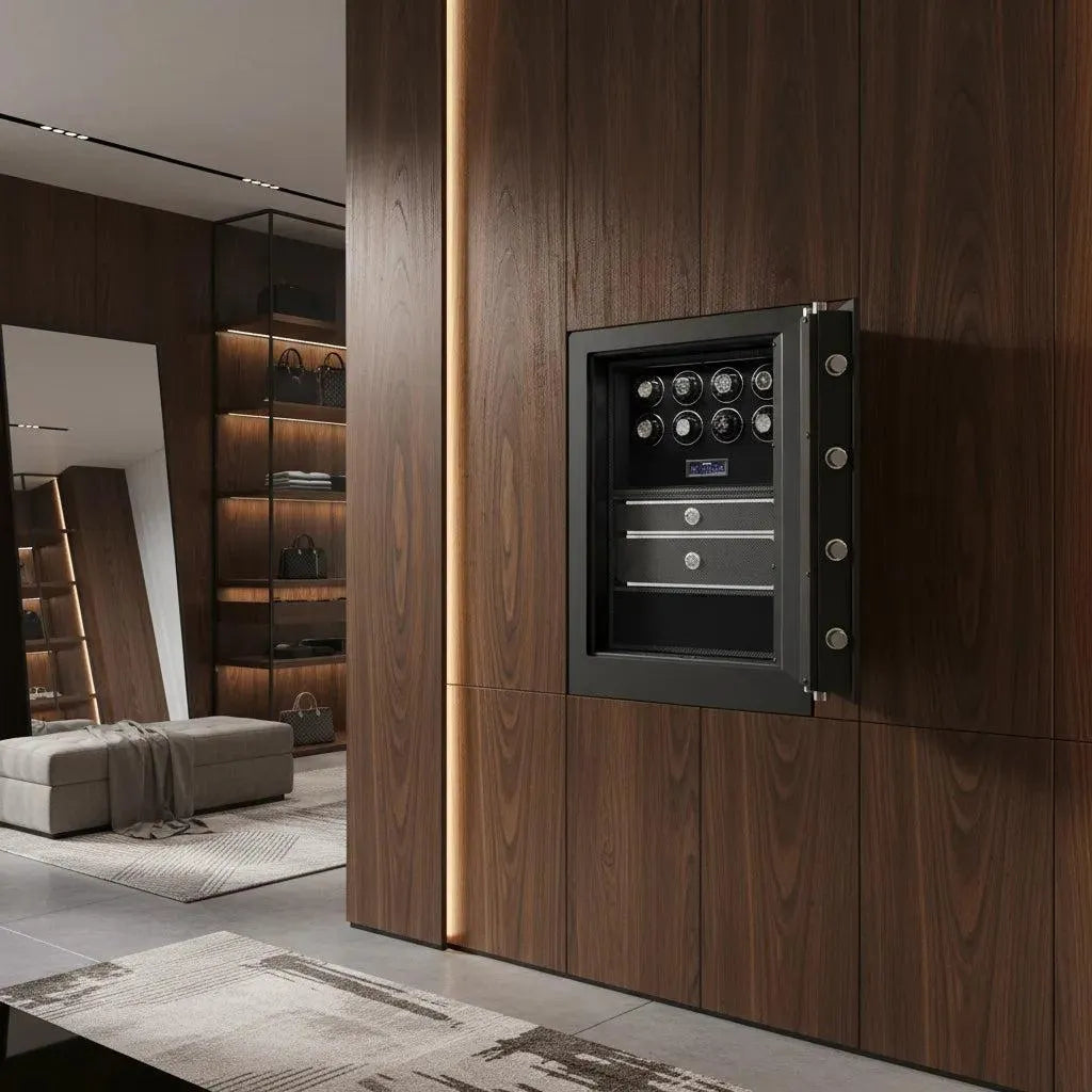A modern walk-in closet with wood-paneled walls features the Tempus Luxury Watch Winders' Insurance Rated Watch Winder Safe for 8 Watches with extra storage, shelves for handbags, a full-length mirror, and a cushioned bench on a patterned rug.