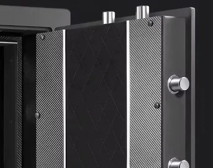 A close-up of the Tempus Luxury Watch Winders "Watch Winder Safe for 8 Watches Insurance Rated with Extra Storage" shows the open steel door's textured metal, diamond patterns, and round locking bolts.