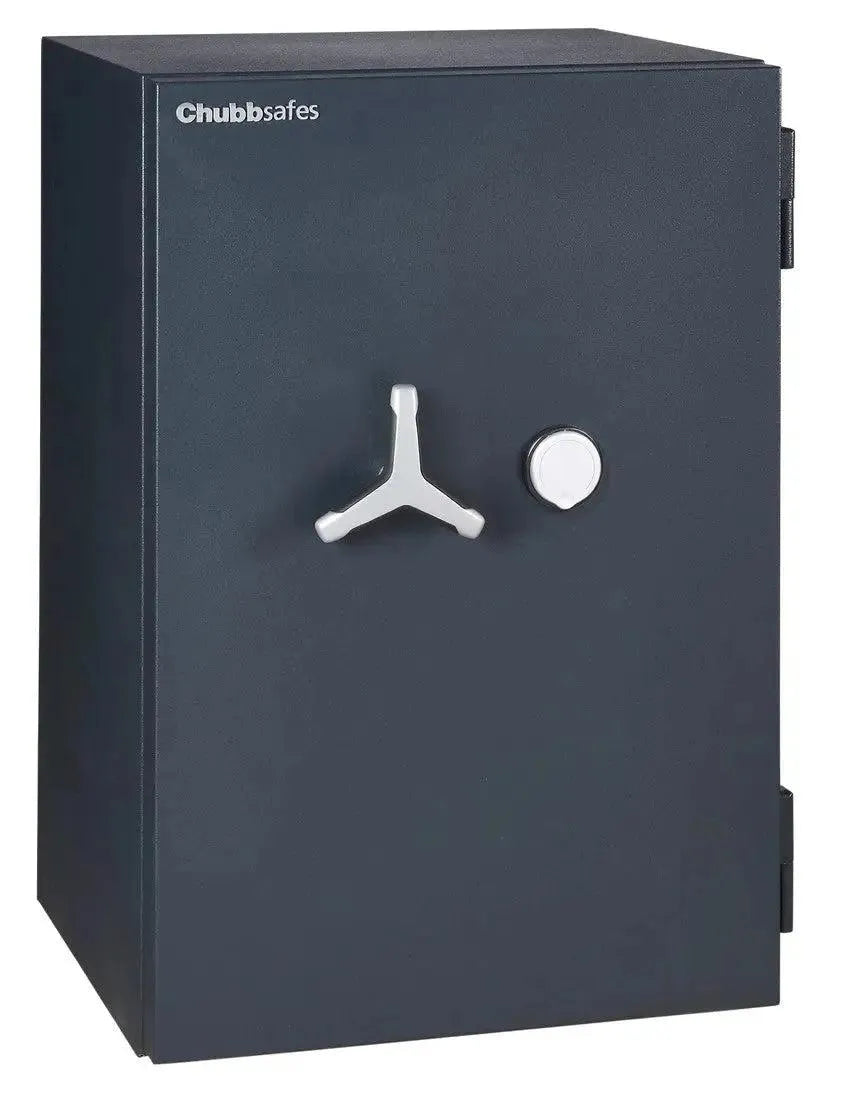 A large, dark gray Tempus Luxury Watch Winders safe for 8 watches, featuring a three-spoke handle and round dial lock—insurance rated with extra storage—perfect for securing your premium watch winder collection.