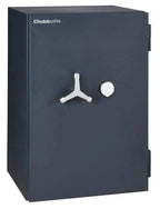 A large, dark gray Tempus Luxury Watch Winders safe for 8 watches, featuring a three-spoke handle and round dial lock—insurance rated with extra storage—perfect for securing your premium watch winder collection.