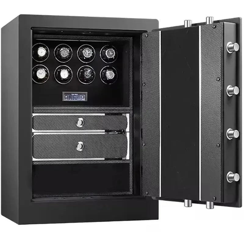 The Watch Winder Safe for 8 Watches by Tempus Luxury Watch Winders features an open door, 8-slot winder on top, digital display below, and two lockable drawers—all in a sleek, modern design with extra storage.