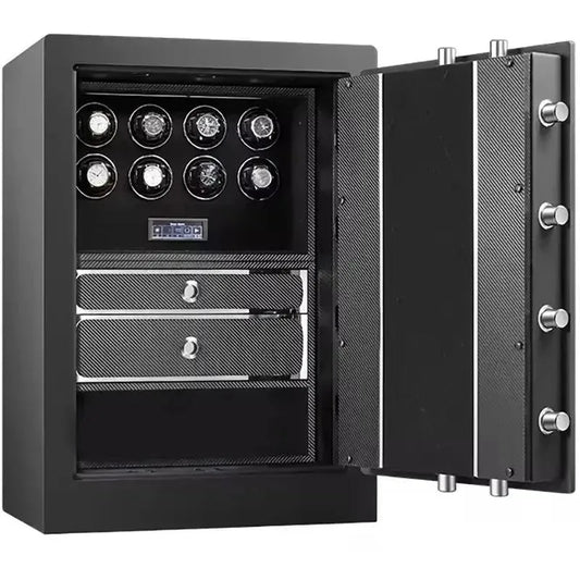 The Watch Winder Safe for 8 Watches by Tempus Luxury Watch Winders features an open door, 8-slot winder on top, digital display below, and two lockable drawers—all in a sleek, modern design with extra storage.