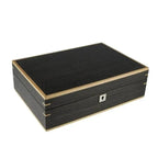 Aevitas Dark Walnut Wood Natural Finish Watch Box for 10 watches features light-colored edges and a silver keyhole on the front, all set against a white background.