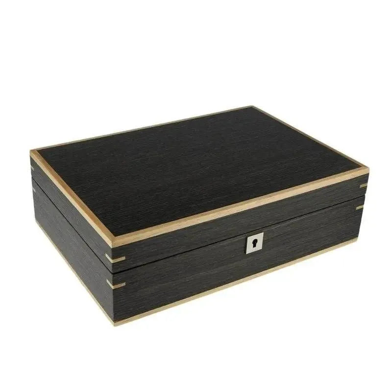 Aevitas Dark Walnut Wood Natural Finish Watch Box for 10 watches features light-colored edges and a silver keyhole on the front, all set against a white background.