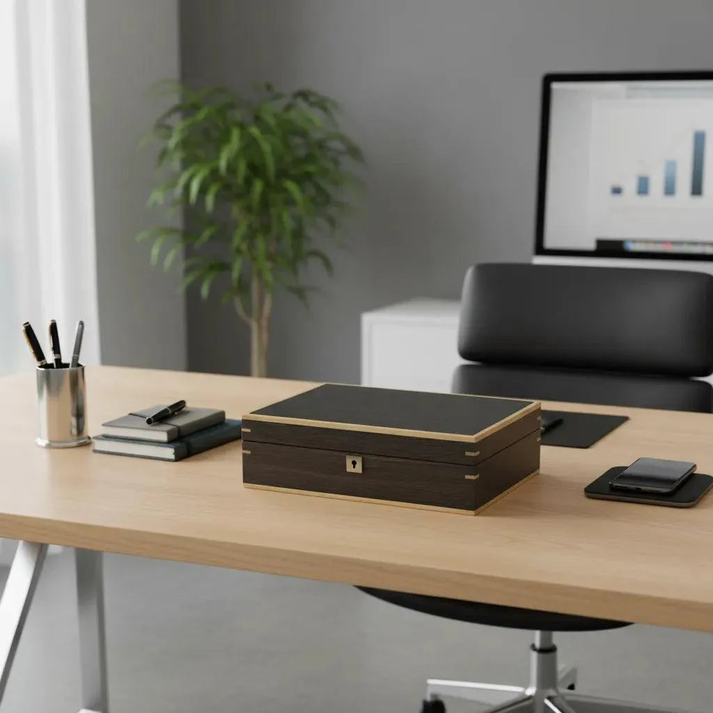 Dark walnut wood 10-watch box with gold trim and keyhole on a light wood desk.