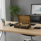 Dark walnut wood 10-watch display box with an open lid, plush suedette interior, and three watches.