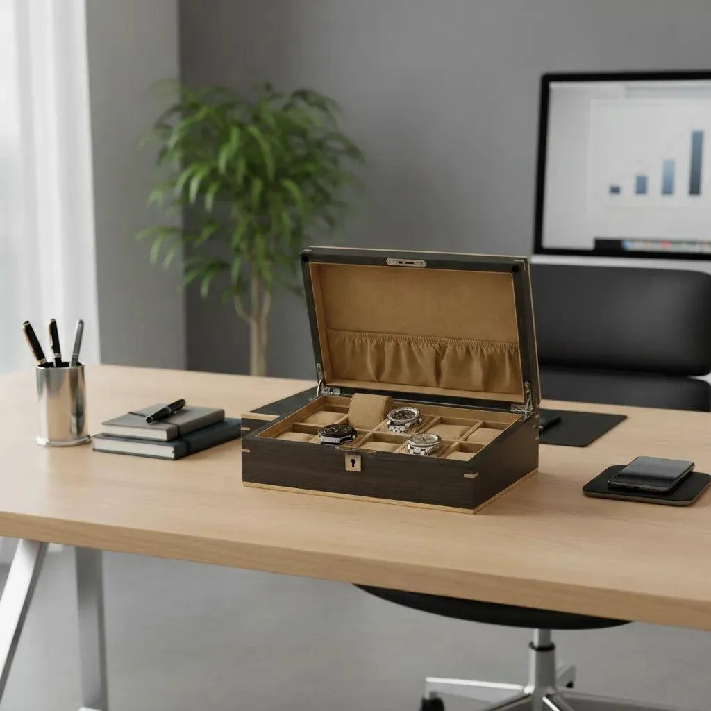 Dark walnut wood 10-watch display box with an open lid, plush suedette interior, and three watches.