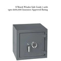A gray Grade 1 Watch Winder Safe by Tempus Luxury Watch Winders with digital keypad and handle is shown. Text above: Grade 1 Watch Winder Safes with £100,000 Insurance Rating by Tempus for automatic timepieces.