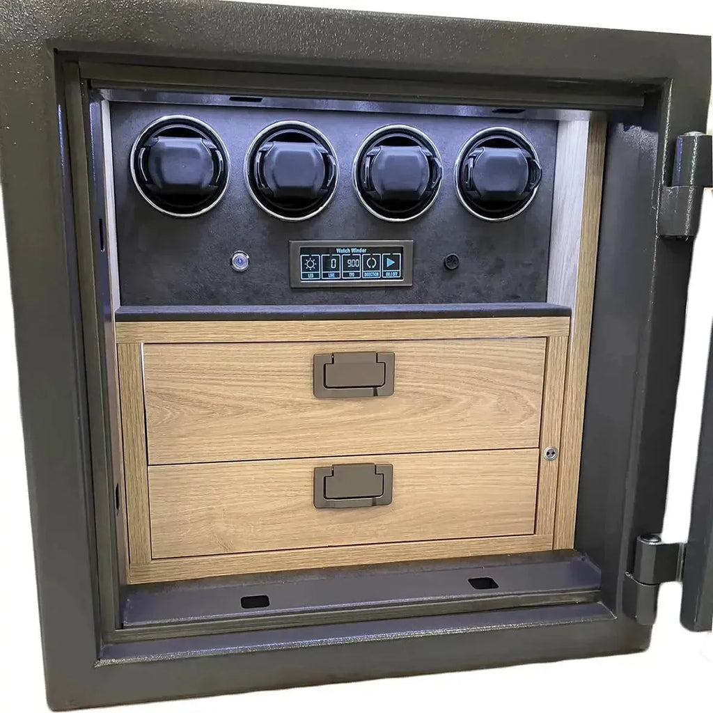 The Grade 1 Watch Winder Safe by Tempus Luxury Watch Winders features four black winders, a digital control panel, and two light wood drawers, all with a £100,000 insurance rating.