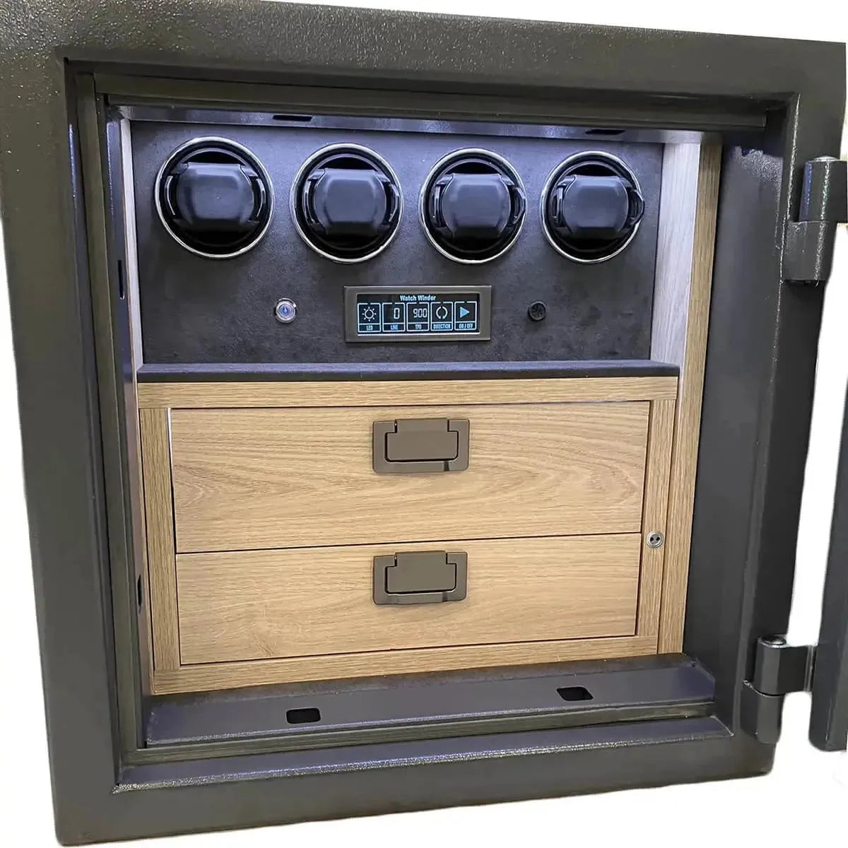 The Grade 1 Watch Winder Safe by Tempus Luxury Watch Winders features four black winders, a digital control panel, and two light wood drawers, all with a £100,000 insurance rating.
