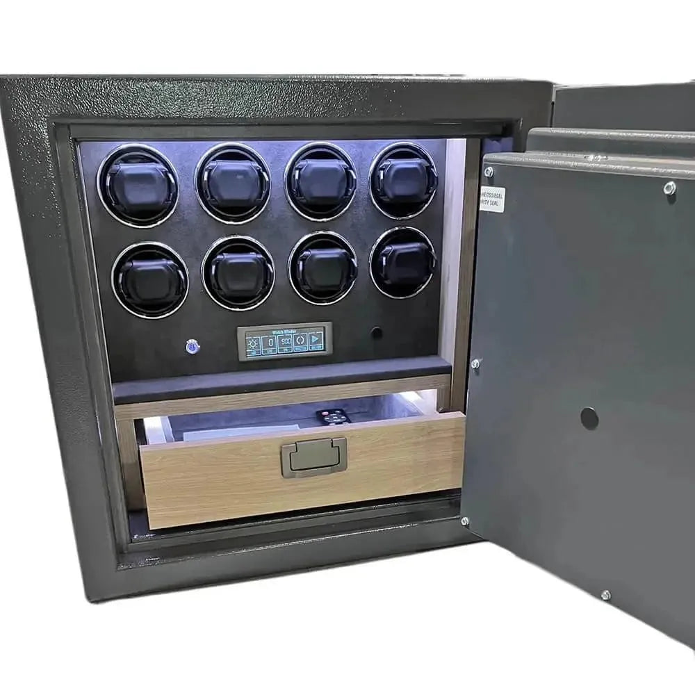 The Tempus Grade 1 Watch Winder Safe offers eight black slots for automatic watches, a digital control panel, wooden drawer, premium leather finish, thick door, interior lighting, and a £100,000 insurance rating by Tempus Luxury Watch Winders.