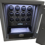 The Grade 1 Watch Winder Safe by Tempus Luxury Watch Winders features twelve black circular compartments in a 3x4 grid, a digital keypad, LED-lit premium leather interior, an empty lower drawer, and offers a £100,000 insurance rating.