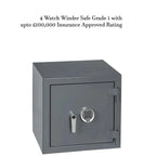 The Tempus Luxury Watch Winders Grade 1 Watch Winder Safe is a grey, square safe with keypad and handle, designed for automatic watches and approved for insurance up to £100,000.