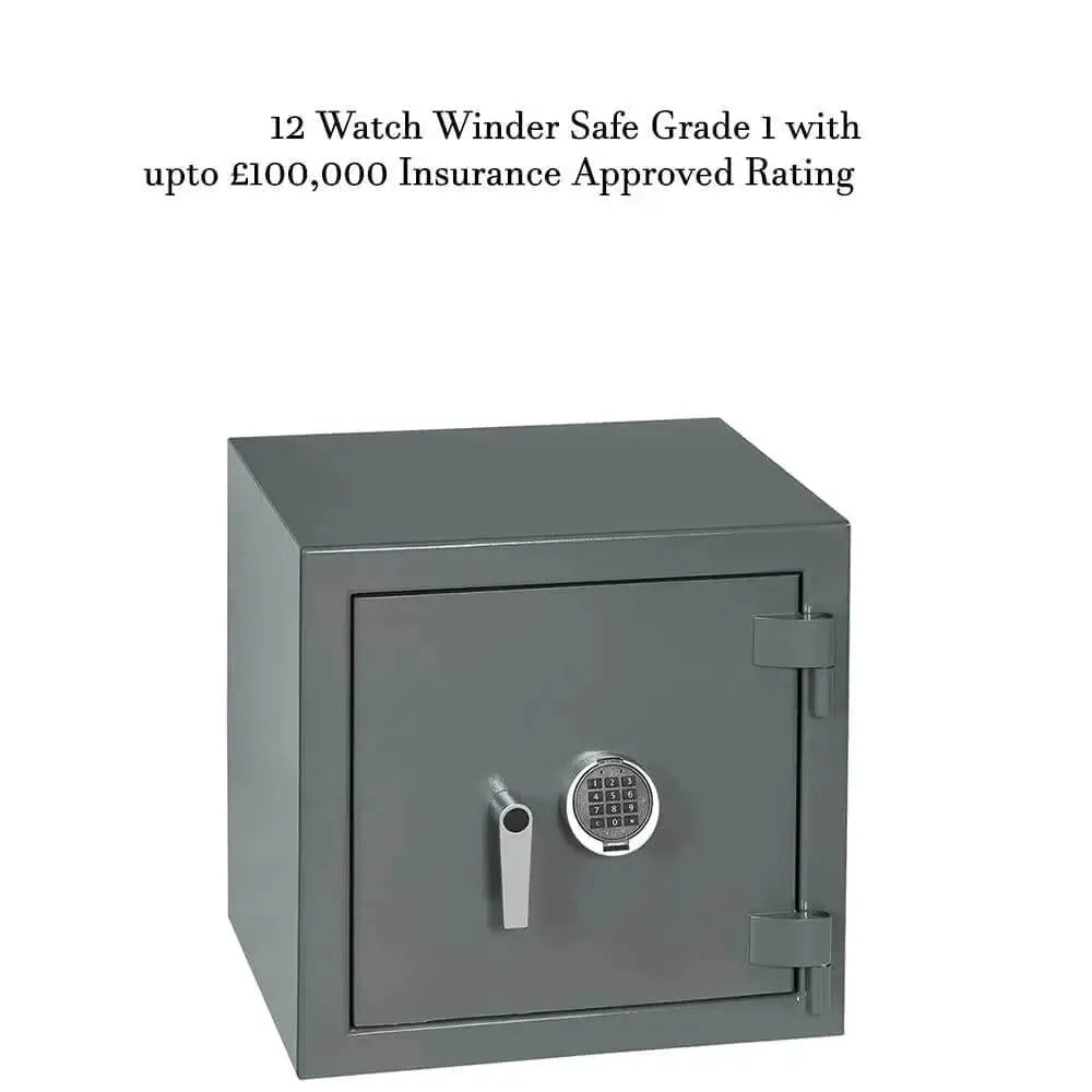 A grey, square Grade 1 Watch Winder Safe by Tempus Luxury Watch Winders, featuring a keypad and handle. Text: 12 Watch Winder Safe with £100,000 Insurance Rating for your automatic timepieces.