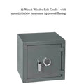 A grey, square Grade 1 Watch Winder Safe by Tempus Luxury Watch Winders, featuring a keypad and handle. Text: 12 Watch Winder Safe with £100,000 Insurance Rating for your automatic timepieces.