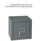 A grey, square Grade 1 Watch Winder Safe by Tempus Luxury Watch Winders, featuring a keypad and handle. Text: 12 Watch Winder Safe with £100,000 Insurance Rating for your automatic timepieces.