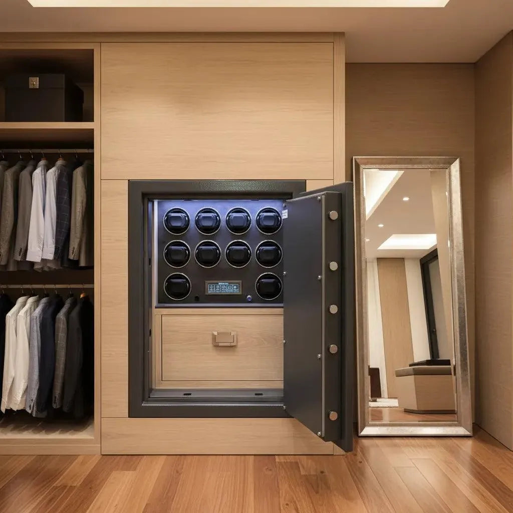 A modern walk-in closet with wooden floors, hanging clothes, a Tempus Luxury Watch Winders Grade 1 Watch Winder Safe (£100,000 insurance rated), a drawer, and a large standing mirror reflecting the room.