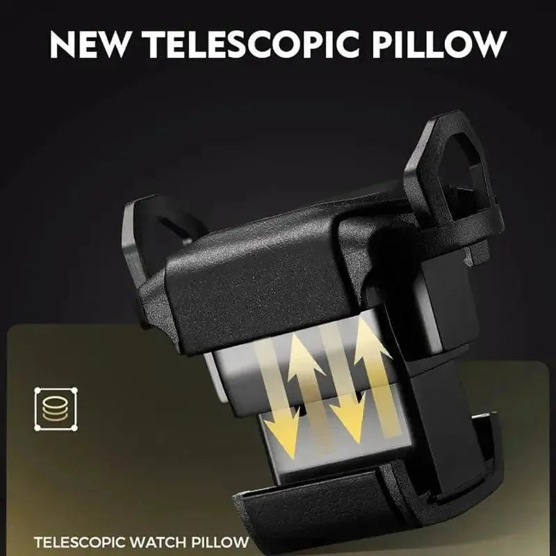 NEW TELESCOPIC PILLOW: A black telescopic watch pillow with a premium leather finish expands vertically with yellow arrows, showcasing its adjustable design for automatic watches in Tempus Grade 1 Watch Winder Safes (£100,000 insurance rated).