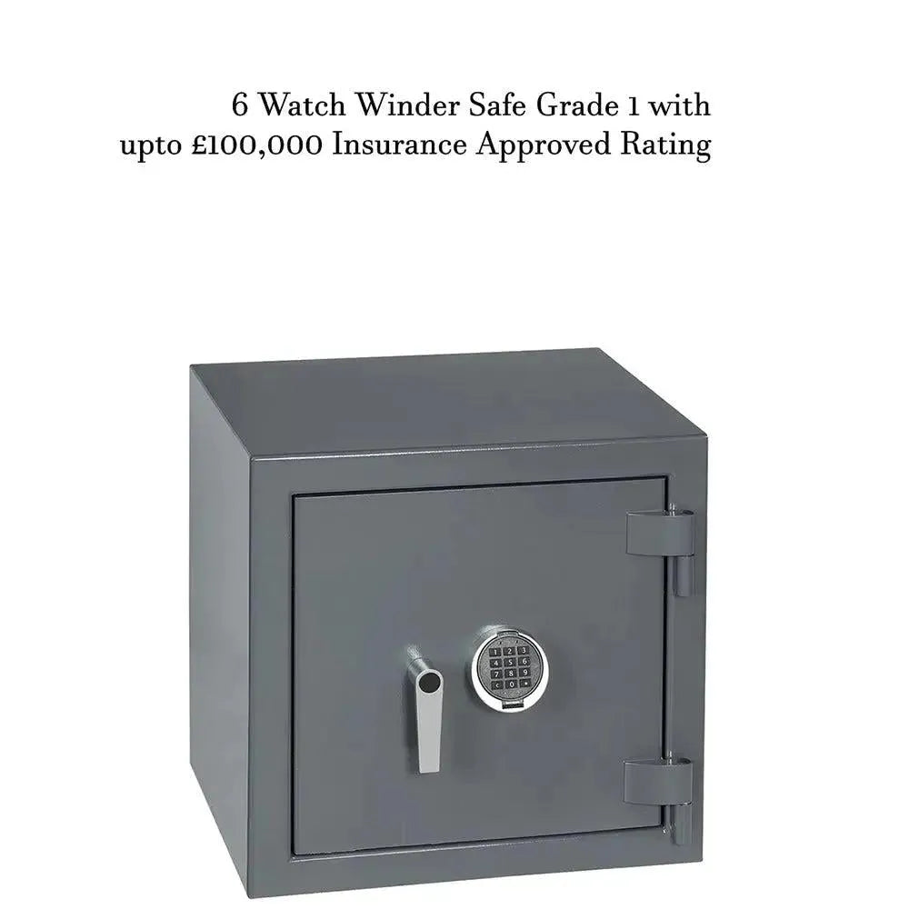 A grey, square Tempus Luxury Watch Winders safe with digital keypad and handle is shown. Above, text reads: Grade 1 Watch Winder Safes with £100,000 Insurance Rating by Tempus for automatic watches.