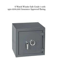 A grey, square Tempus Luxury Watch Winders safe with digital keypad and handle is shown. Above, text reads: Grade 1 Watch Winder Safes with £100,000 Insurance Rating by Tempus for automatic watches.