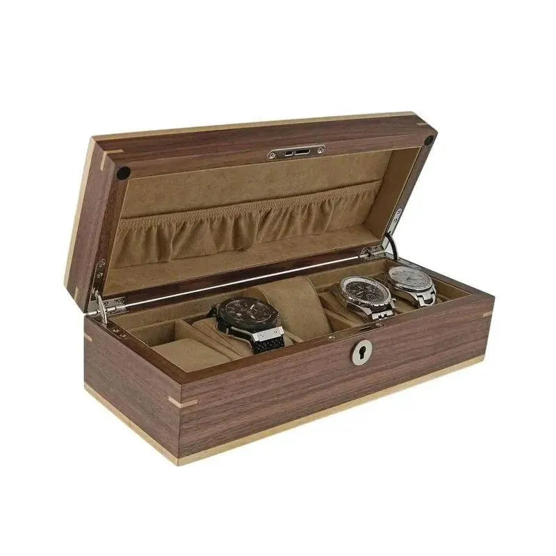 The Aevitas Light Walnut Wood Natural Finish Watch Box holds 5 watches in beige velvet compartments, features a secure front lock and an interior pouch—ideal for collectors.