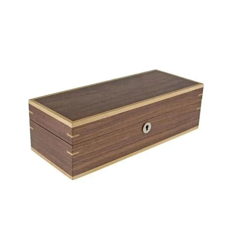 The Aevitas Light Walnut Wood Natural Finish Watch Box stores 5 watches in a sleek, minimalist design with a keyhole front—ideal for collectors as stylish storage or a keepsake box.