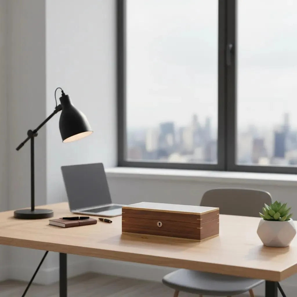 Light walnut wood 5-watch box with gold trim and lock, on a desk with a laptop and lamp.