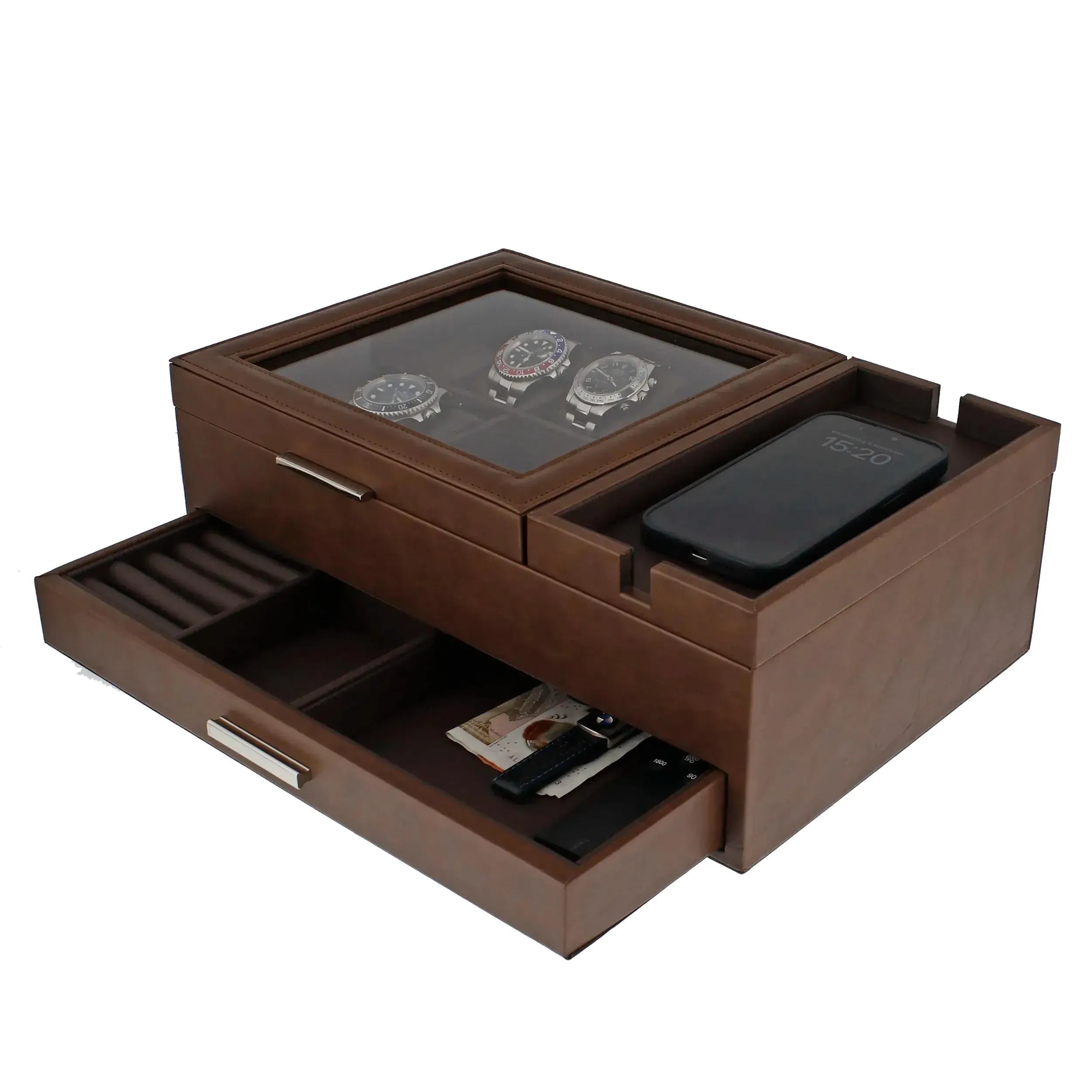 The Aevitas Men's Large Brown Valet Tray features 8 watch holders, compartments for small items, space for a phone, and an open drawer for your wallet, pen, and keys. Glass lid design by Aevitas keeps everything organized in style.
