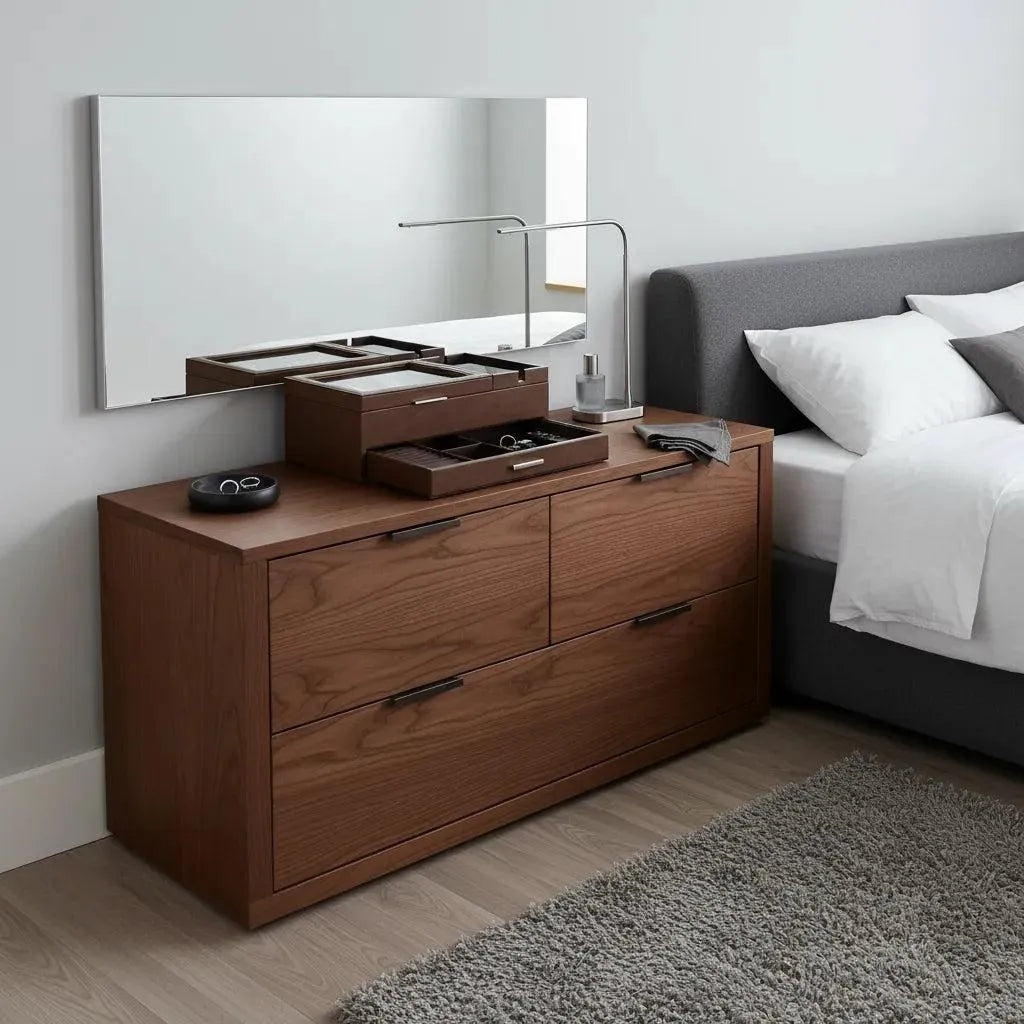 Brown vegan leather valet tray with 8 watch slots, phone section, and lower drawer on a wooden dresser.