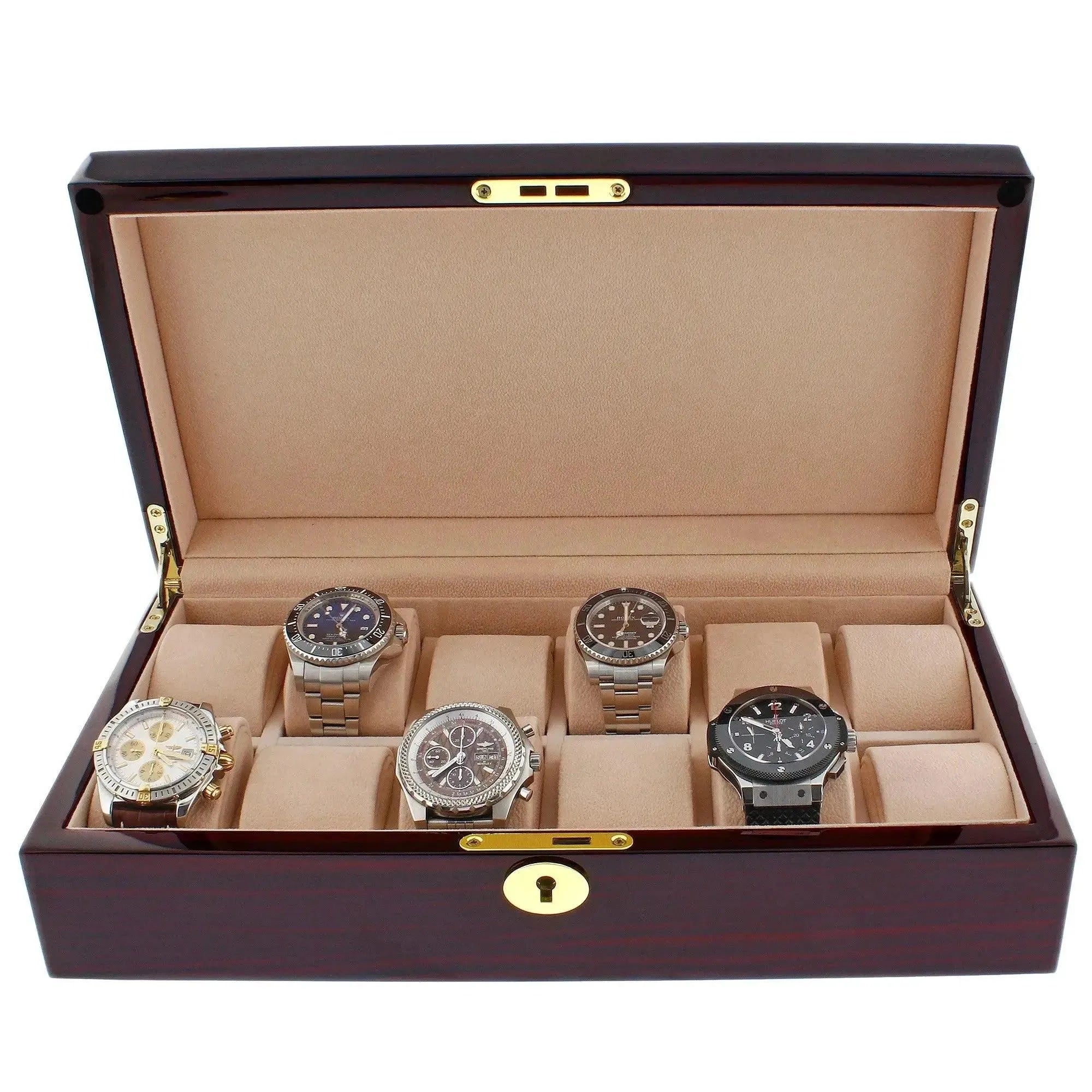 The Tempus Luxury Watch Winders Premium 12 Watch Box in Cherry Wood Piano Gloss Finish displays six compartments with wristwatches and a tan interior. The lid is open, showing the gold clasp and lock.