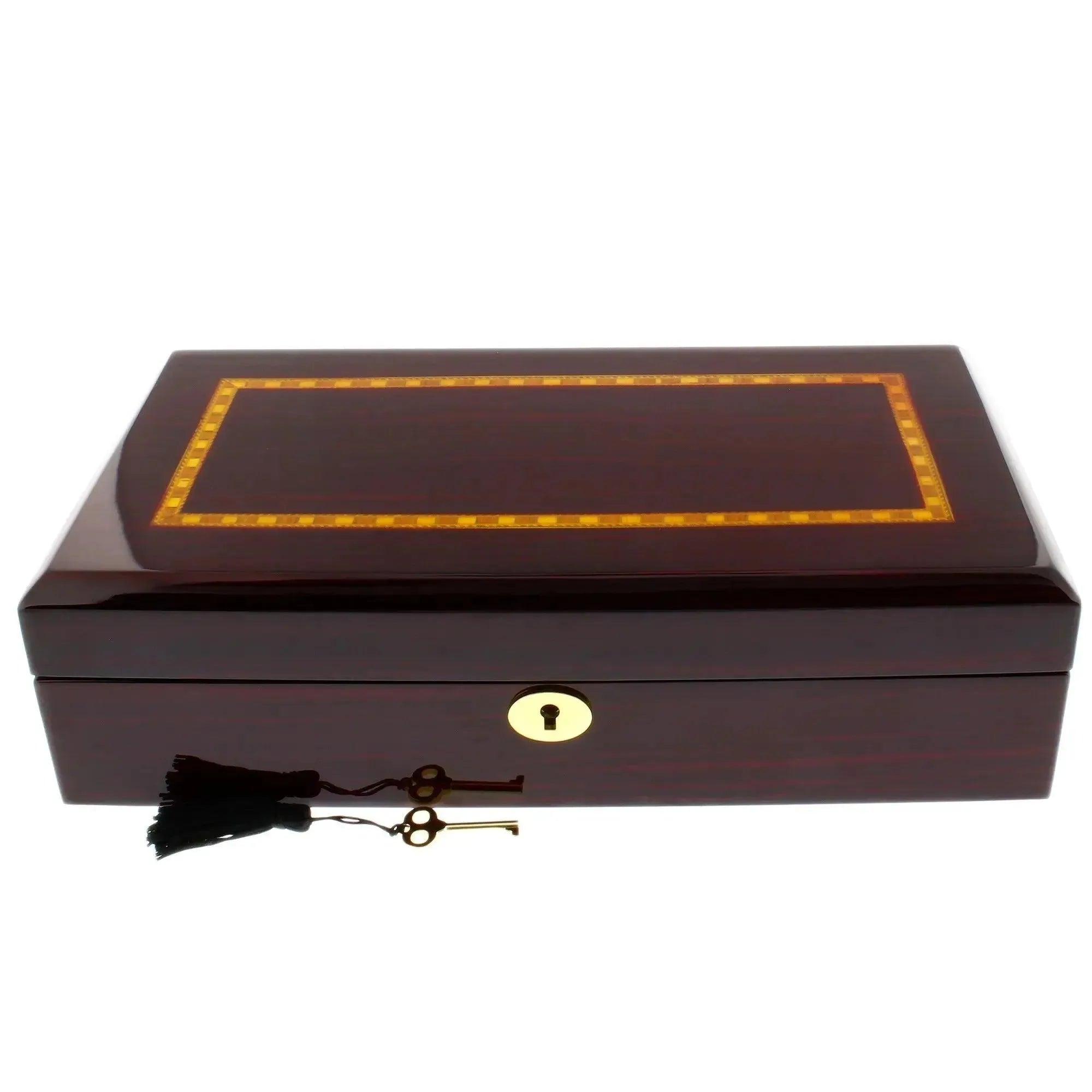The Premium 12 Watch Box in Cherry Wood Piano Gloss Finish by Tempus Luxury Watch Winders features a decorative inlaid lid, gold keyhole, and two keys with black tassels—perfect for luxury watch storage.