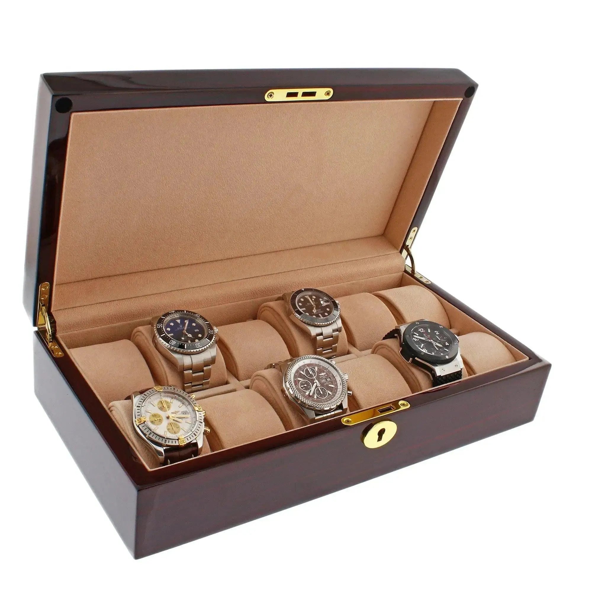 The Premium 12 Watch Box in Cherry Wood Piano Gloss Finish by Tempus Luxury Watch Winders features a beige interior with cushioned slots for twelve wristwatches, arranged neatly and displayed clearly when the box is open.
