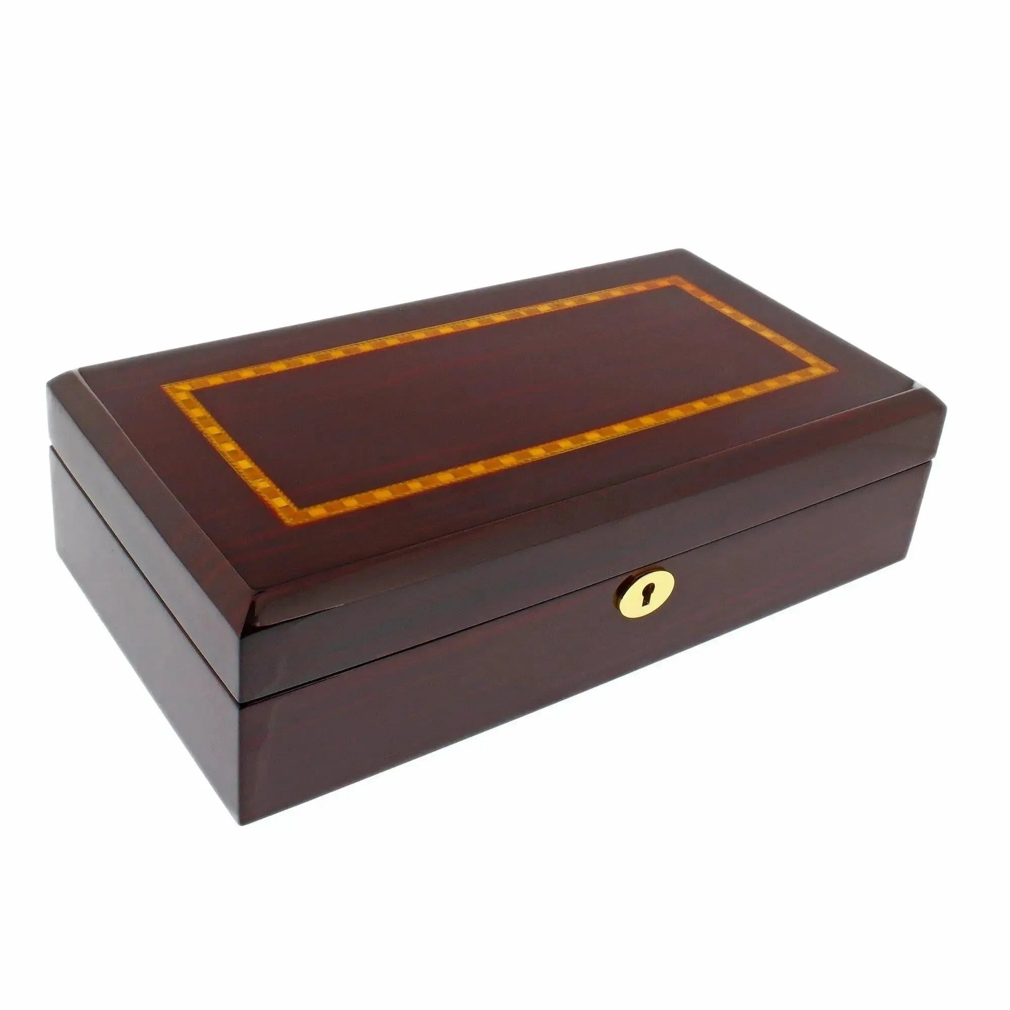 The Premium 12 Watch Box in Cherry Wood Piano Gloss Finish by Tempus Luxury Watch Winders features a yellow and brown inlaid border on the lid, a gold keyhole, and luxurious 12-slot watch storage inside.