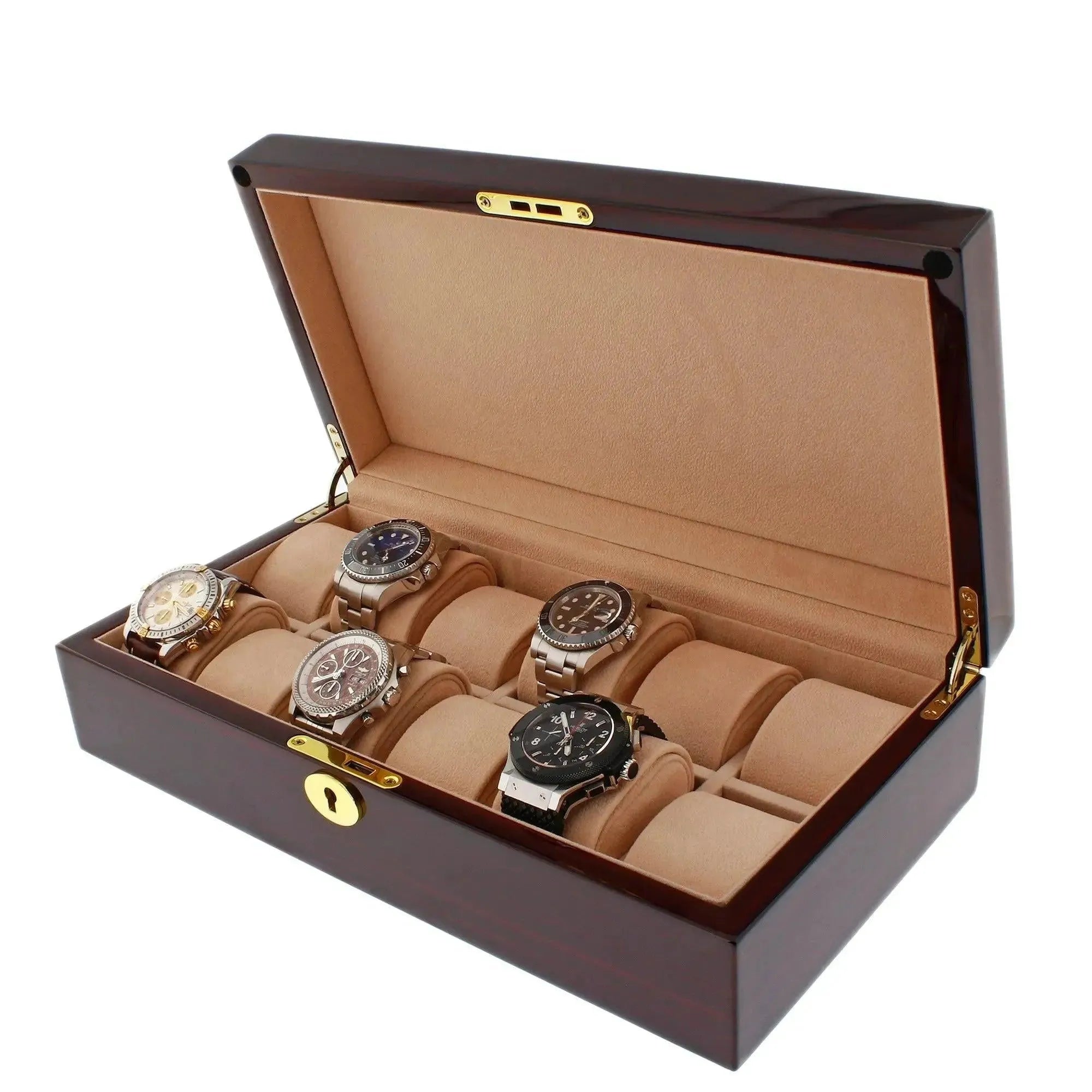 The Tempus Luxury Watch Winders Premium 12 Watch Box in Cherry Wood Piano Gloss Finish elegantly displays up to twelve wristwatches, each in its own compartment, and features a gold-colored lock with a tan velvet interior.