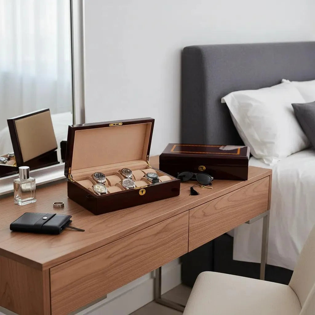 A wooden desk with a leather chair holds the Tempus Luxury Watch Winders Premium 12 Watch Box in Cherry Wood Piano Gloss Finish displaying wristwatches, a closed box, wallet, sunglasses, and perfume. The desk sits by a modern bed.