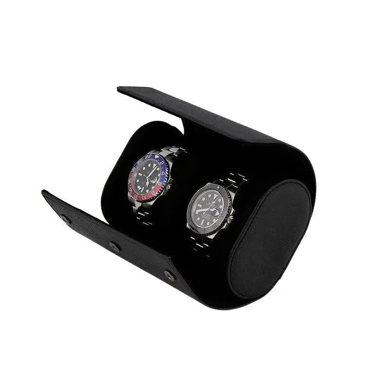 Premium Double Watch Roll in Black Saffiano Leather Super Soft Black Lining