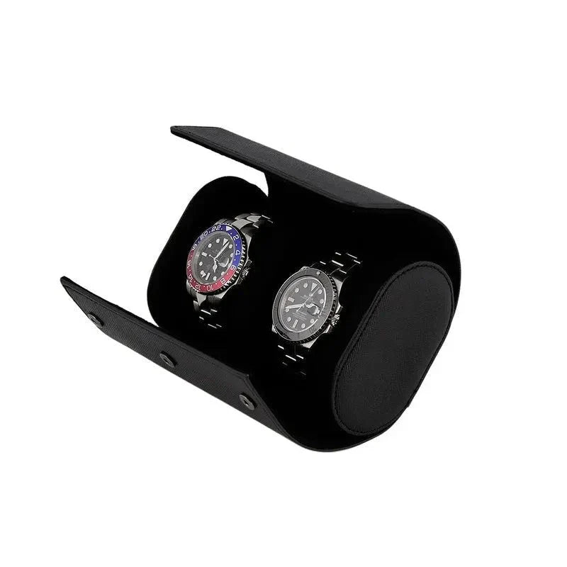 Premium Double Watch Roll in Black Saffiano Leather Super Soft Black Lining