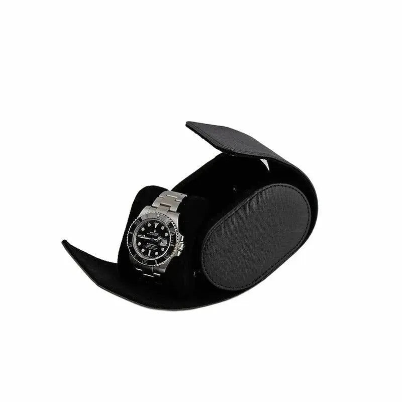 Premium Single Watch Roll in Black Saffiano Leather Super Soft Black Lining