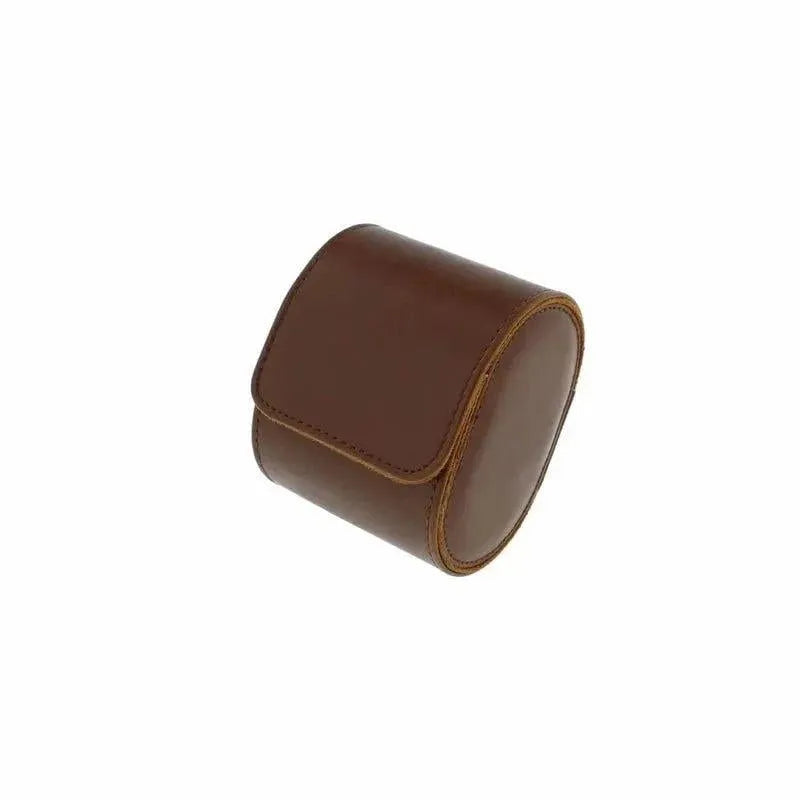 The Aevitas Premium Single Watch Roll in brown leather with super soft tan suede lining features a round design, flap closure, and visible edge stitching, shown against a plain white background.
