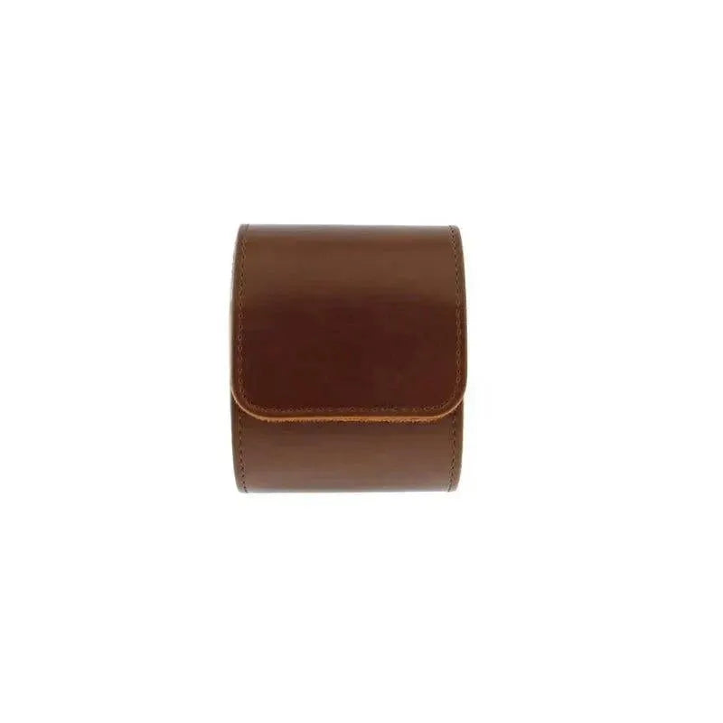 The Aevitas Premium Single Watch Roll in brown leather with super soft tan suede lining, crafted to hold one watch, is displayed against a plain white background.