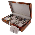 The Premium Quality Tiger Striped Wood 10 Watch Box by Aevitas features a solid lid, holds ten watches in cushioned compartments, and has a light beige fabric interior for luxury storage.