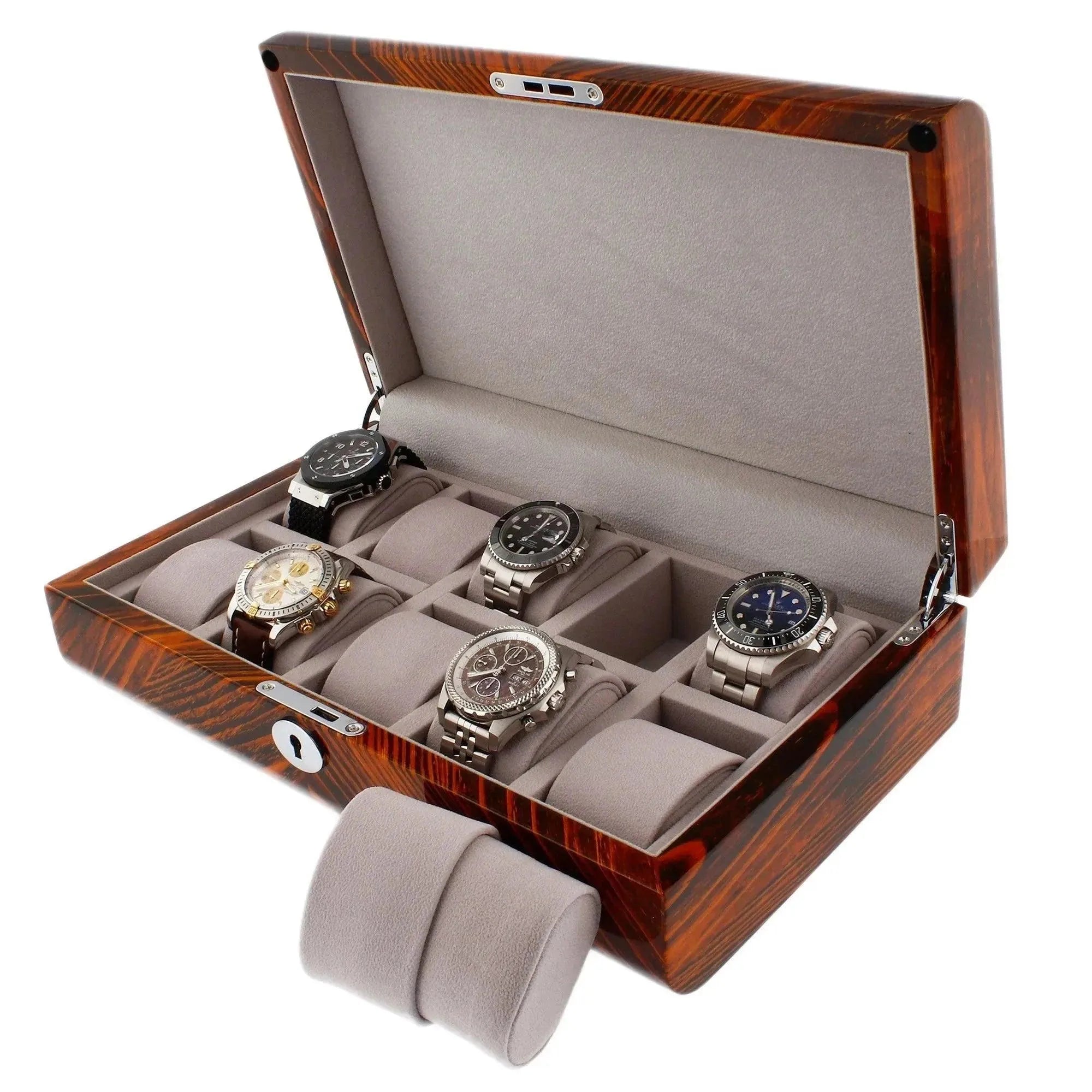 The Premium Quality Tiger Striped Wood 10 Watch Box by Aevitas features a solid lid, holds ten watches in cushioned compartments, and has a light beige fabric interior for luxury storage.